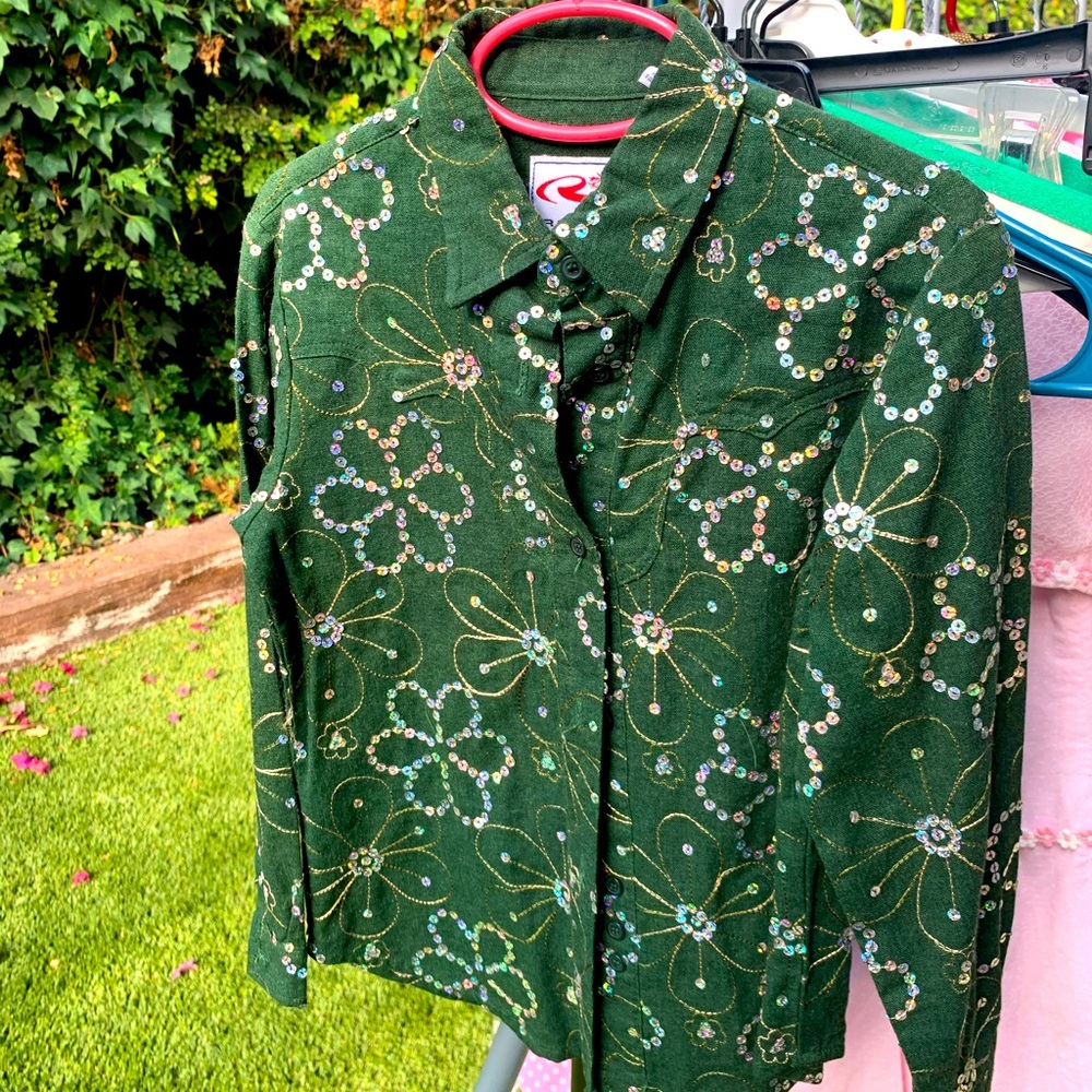 Green Embellished Roper Shirt, Size 6 - 6X